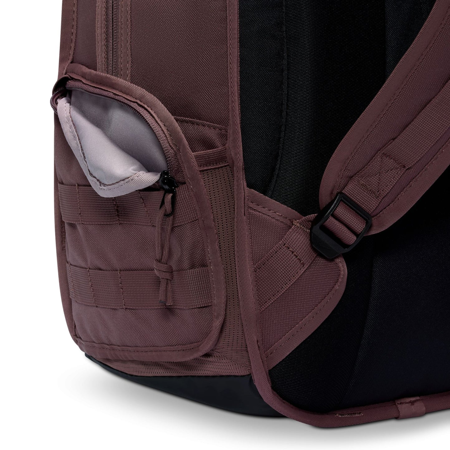 Close-up of a maroon backpack with a pocket and strap on a white background