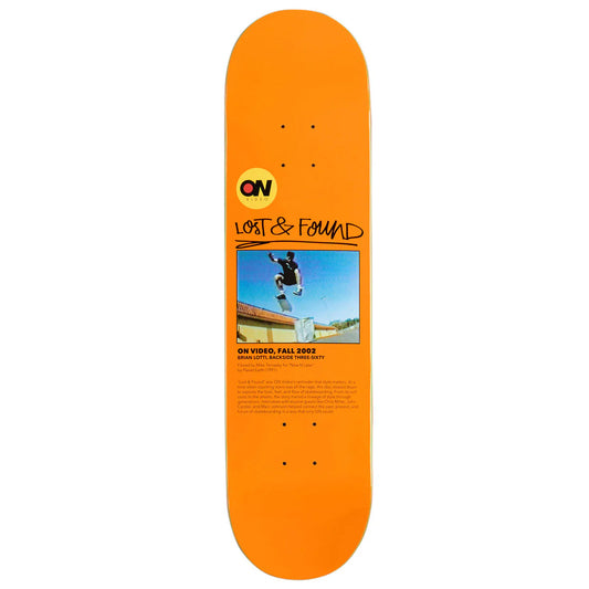 Orange skateboard deck with a graphic and text on a white background