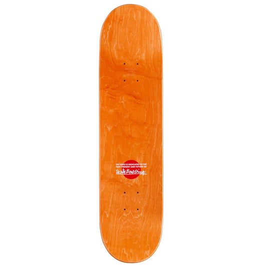 Orange skateboard deck with a logo on a white background