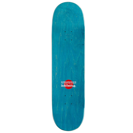 Teal skateboard deck with a red and white logo on a white background