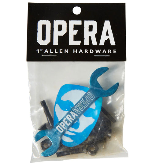 A clear plastic bag containing Allen hardware with a prominent blue wrench-shaped piece printed with 'OPERA 4360' and a black header card reading 'OPERA 1" ALLEN HARDWARE'.