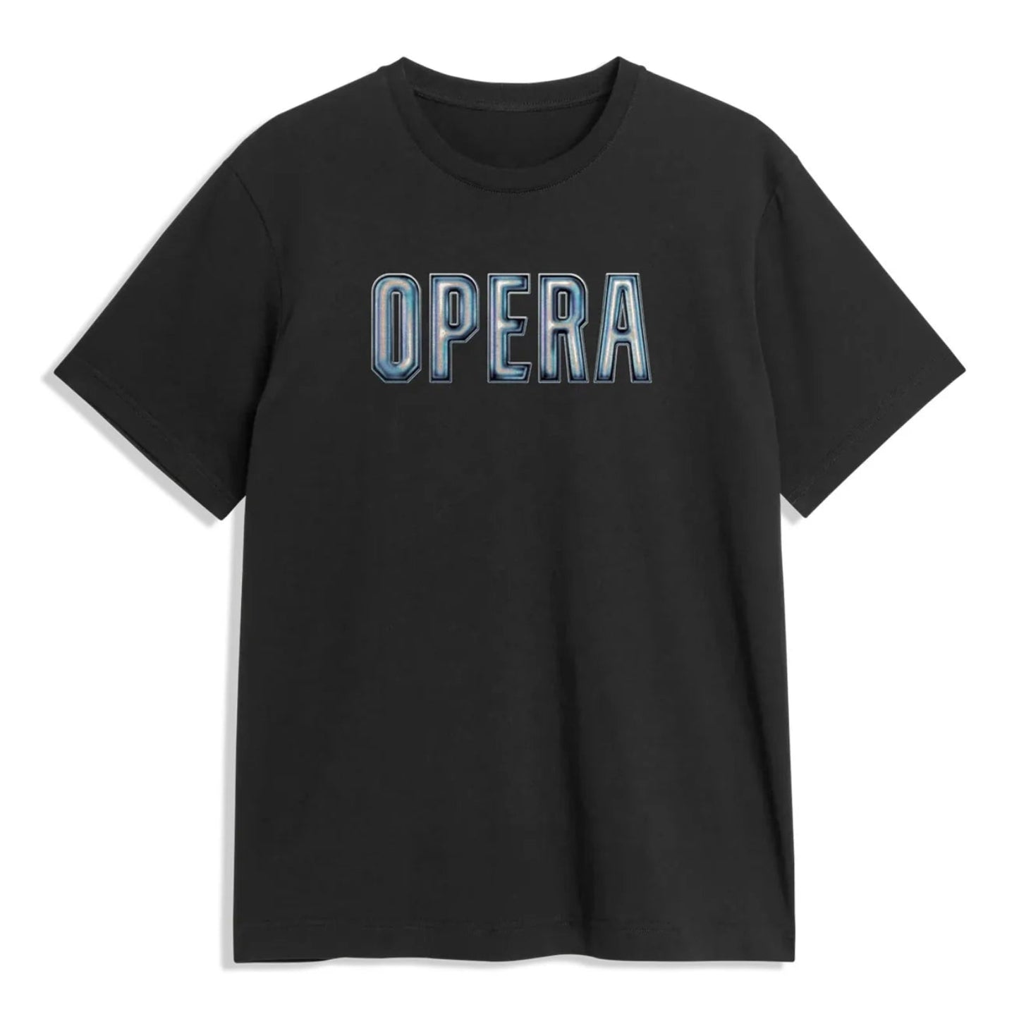 Black t-shirt with 'OPERA' text on a white background