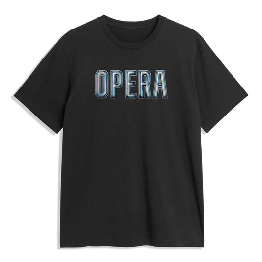 Black t-shirt with 'OPERA' text on a white background