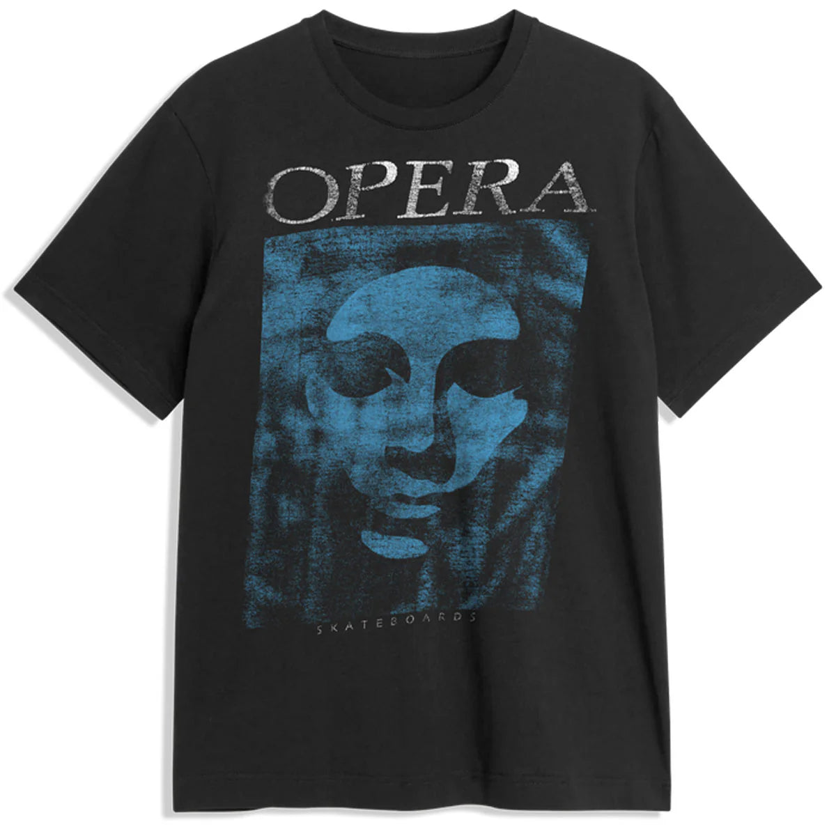 Black t-shirt with blue graphic and 'OPERA' text on a white background