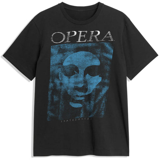 Black t-shirt with blue graphic and 'OPERA' text on a white background