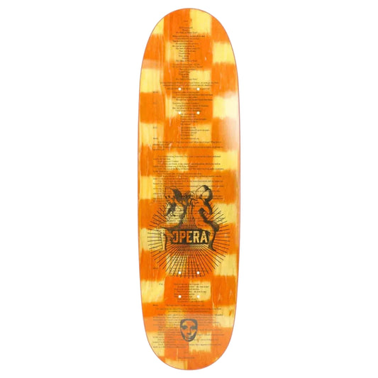 Orange and yellow checkered skateboard deck with 'Opfer' logo on a white background