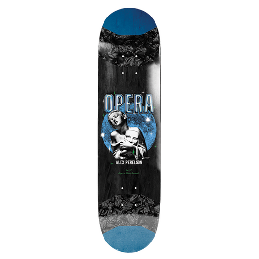Skateboard deck with 'Opera' branding and graphic design on a white background