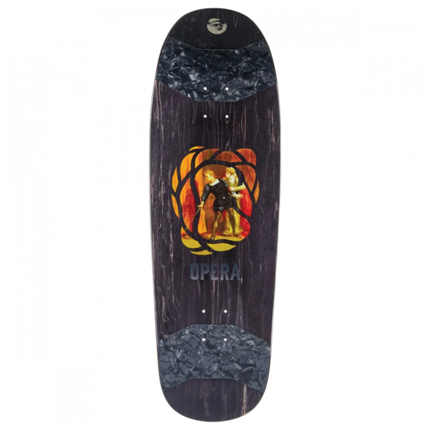Skateboard deck with artistic design and 'Opera' branding on a white background