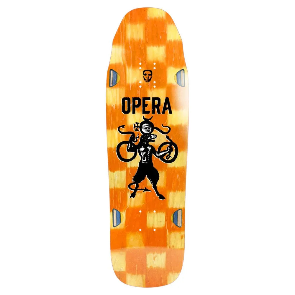 Skateboard deck with 'Opera' logo and design on a white background