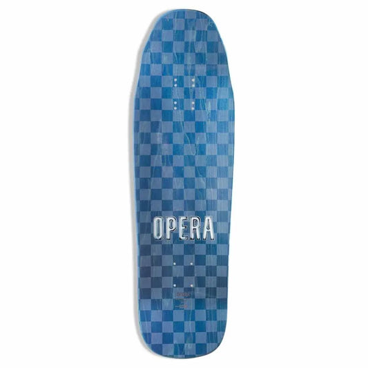 Blue checkered skateboard deck with 'Opera' branding on a white background