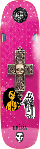Pink skateboard deck with a cross pendant and OPERA branding