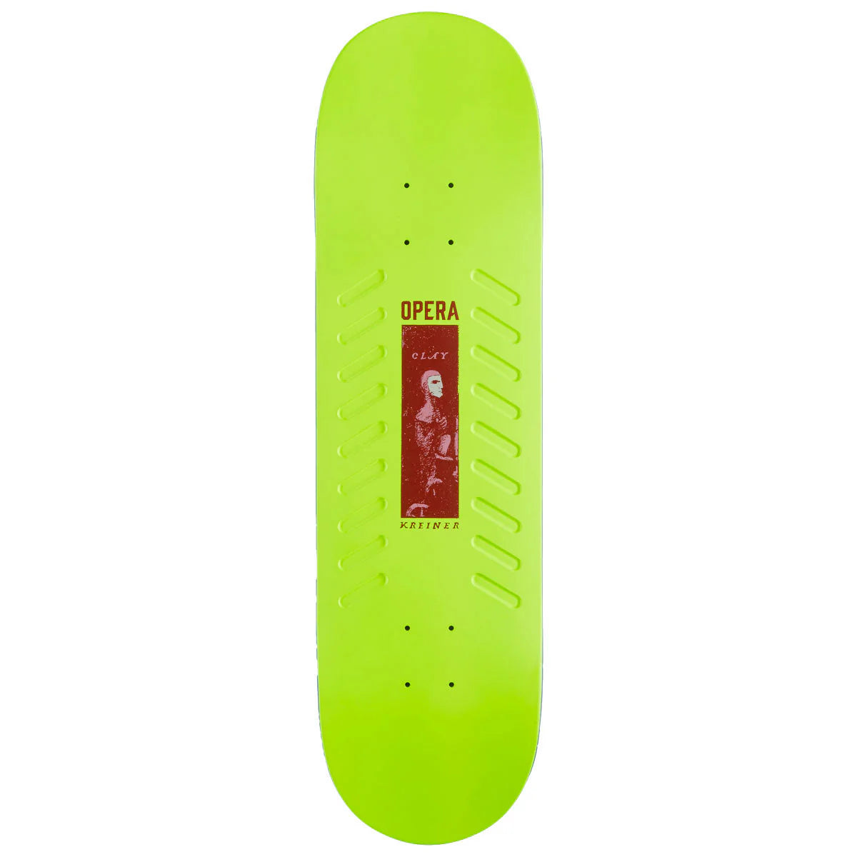 Skateboard deck with 'Opera' branding on a white background