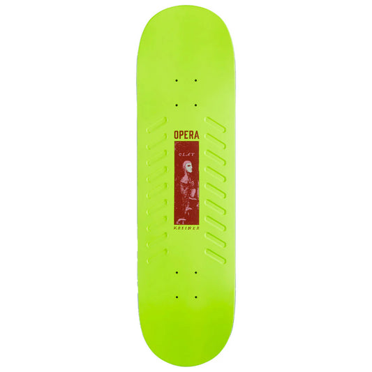 Skateboard deck with 'Opera' branding on a white background