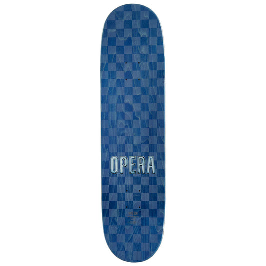 Blue checkered skateboard deck with 'Opera' branding on a white background