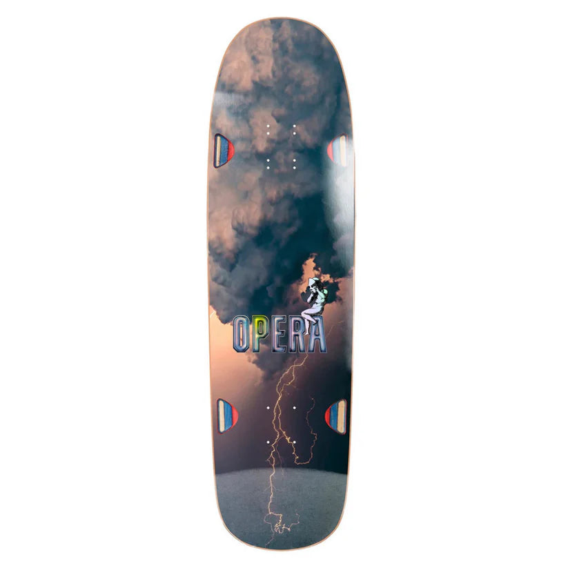 Skateboard deck with 'Opera' branding and artistic design on a white background