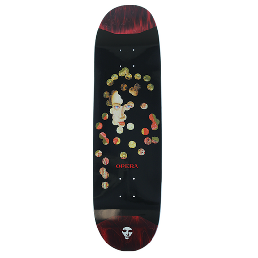 Skateboard deck with a colorful design on a black background