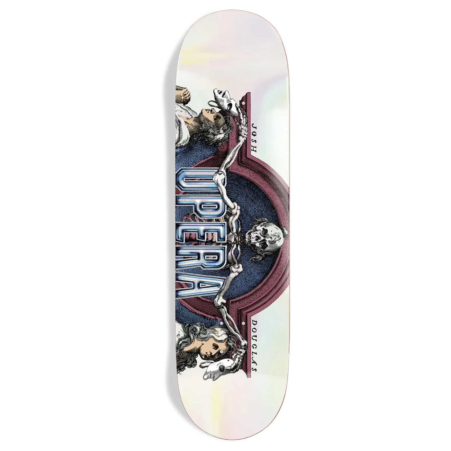 Skateboard deck with 'Opera' band design on a white background