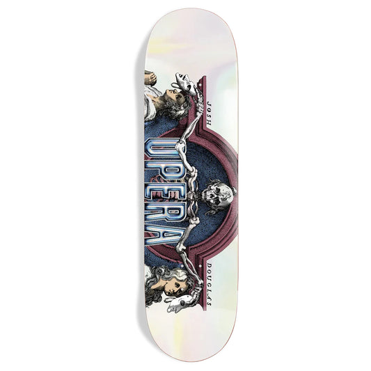 Skateboard deck with 'Opera' band design on a white background