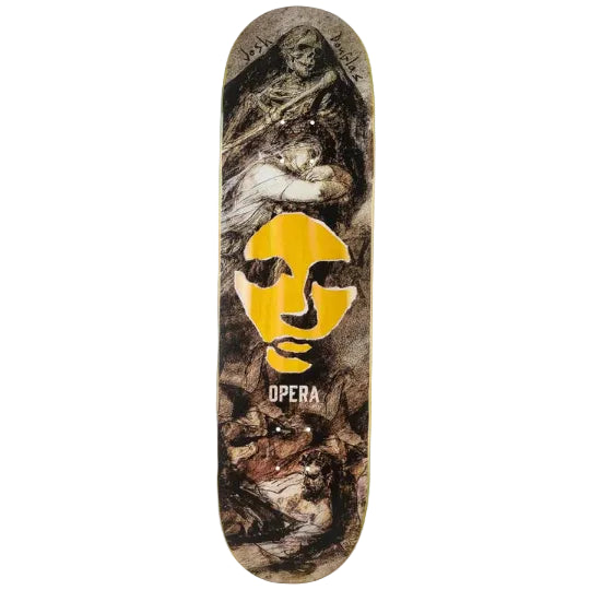 Skateboard deck with artistic design and 'Opera' branding on a white background