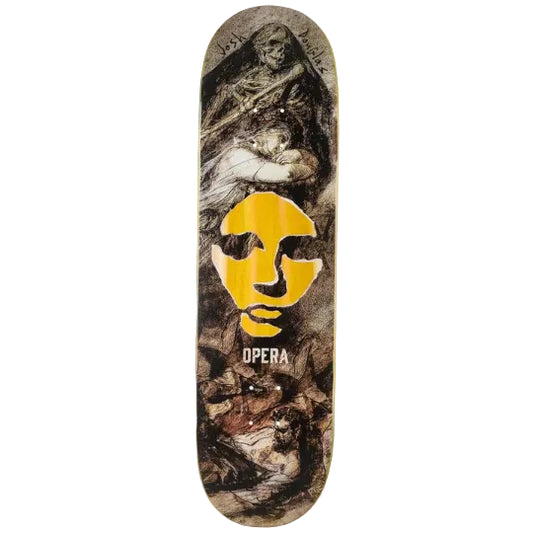 Skateboard deck with artistic design and 'Opera' branding on a white background