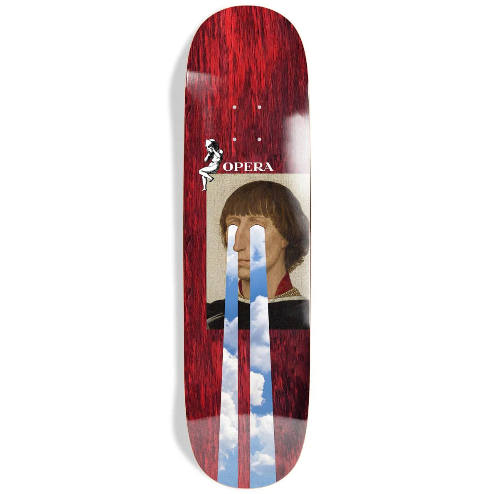 Skateboard deck with a portrait design and 'Opera' branding on a white background