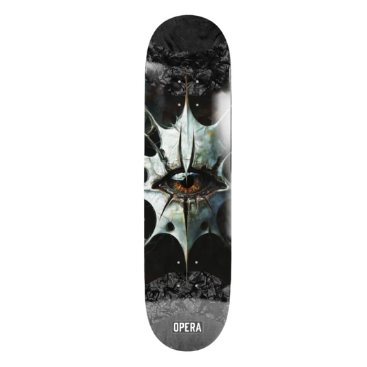 Skateboard deck with artistic design on a white background