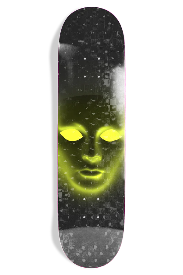 Skateboard deck with a pixelated alien face design on a white background