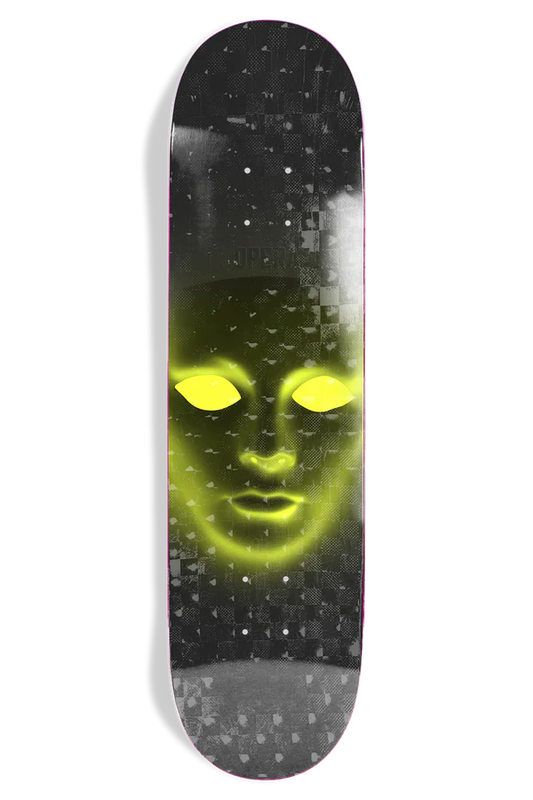 Skateboard deck with a pixelated alien face design on a white background