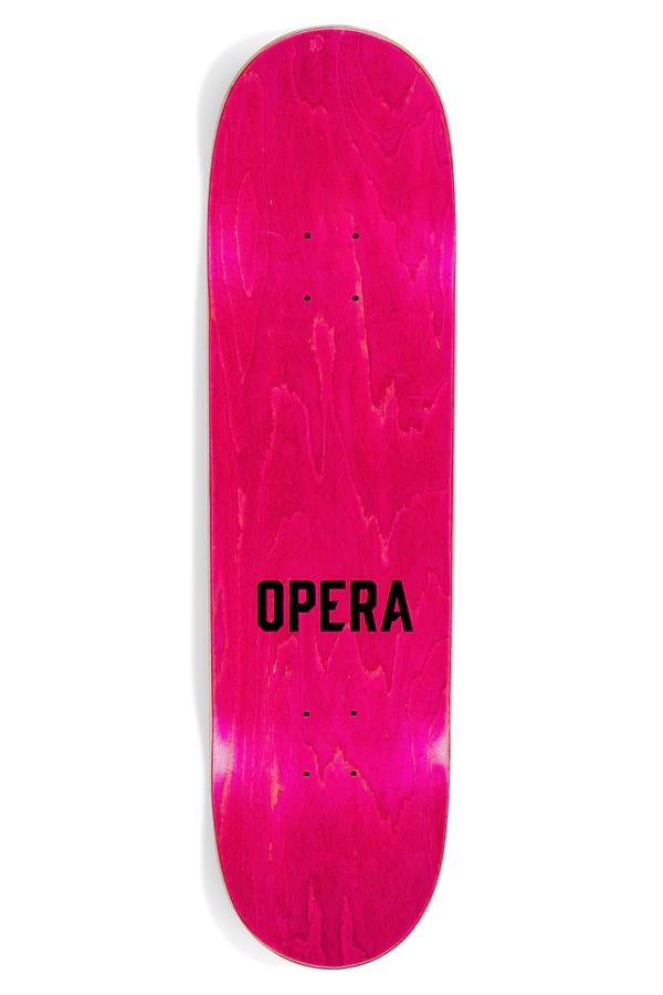 Pink skateboard deck with 'OPERA' branding on a white background