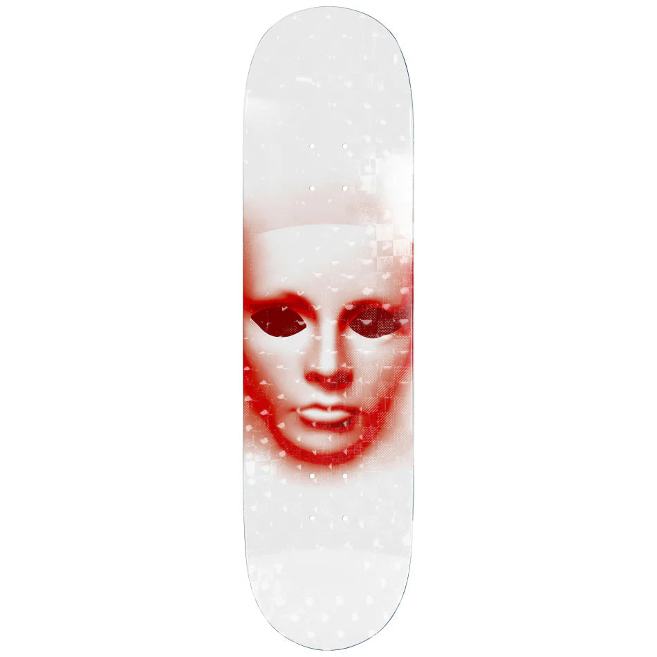 Skateboard deck with a red and white design on a white background