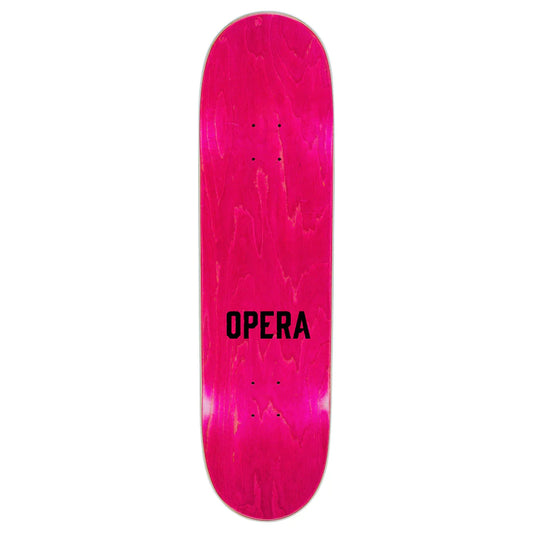 Pink skateboard deck with 'OPERA' branding on a white background