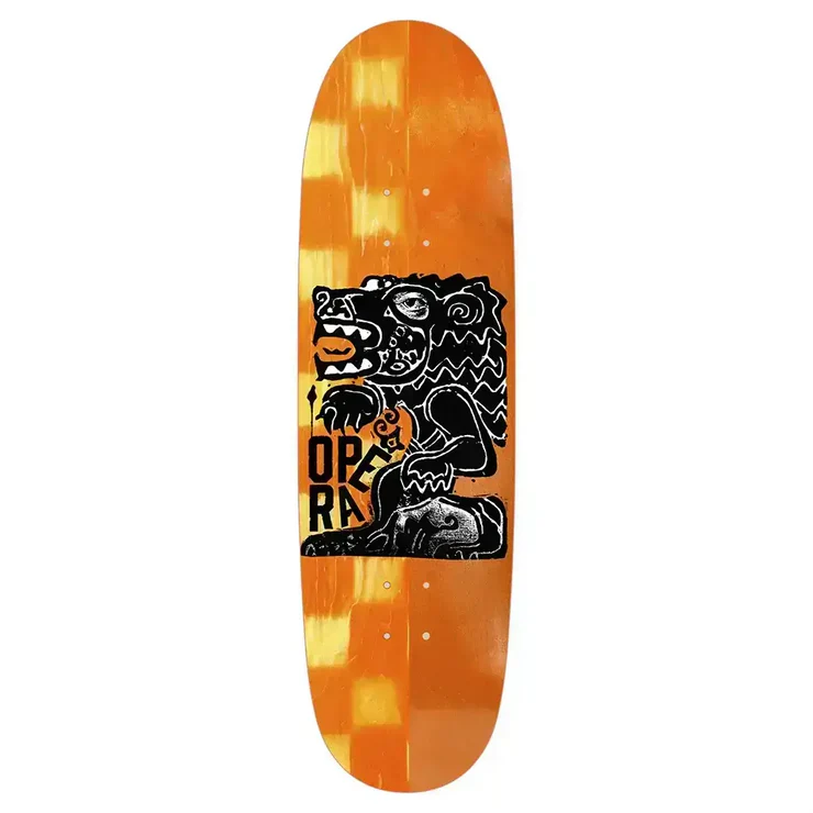 Orange skateboard deck with black bear graphic and 'Opéra' branding on a white background