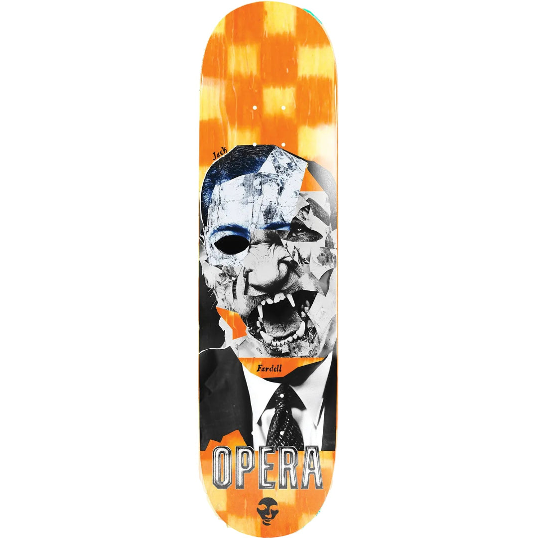 Skateboard deck with a graphic design of a face and the word 'Opera' on an orange and yellow checkered background.