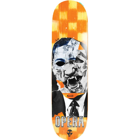 Skateboard deck with a graphic design of a face and the word 'Opera' on an orange and yellow checkered background.