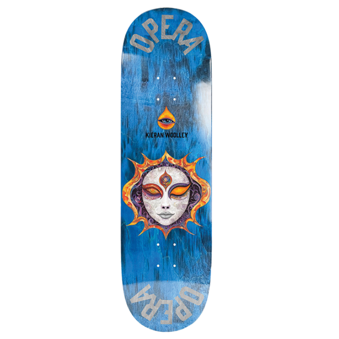 Skateboard deck with a face design and 'Opera' branding on a blue background