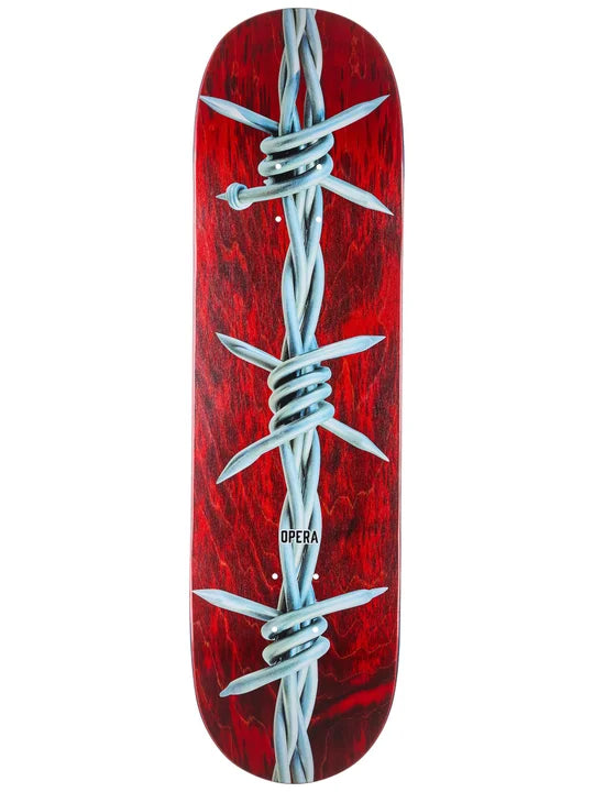 Skateboard deck with barbed wire design on a red background