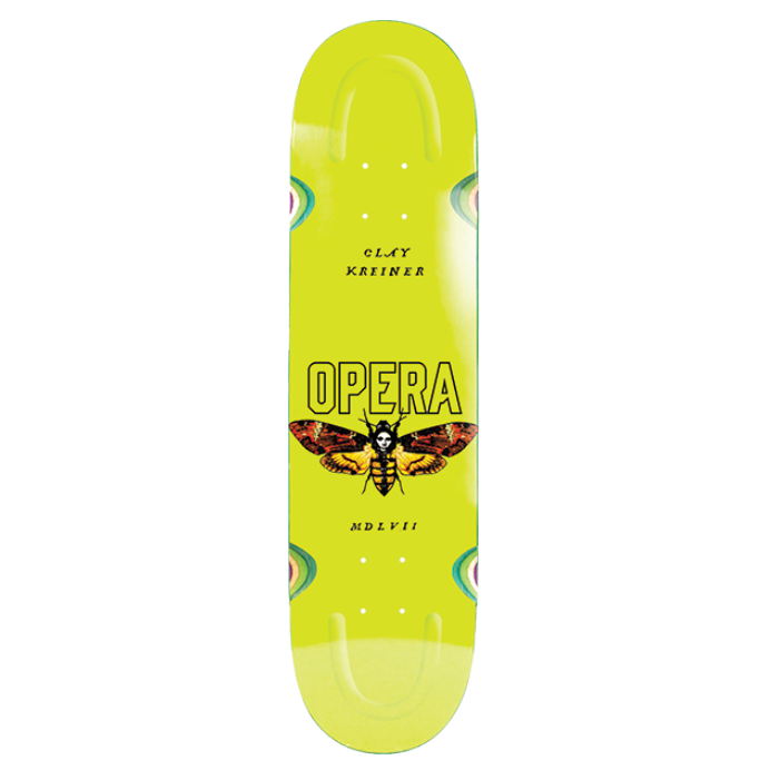 Skateboard deck with 'Opera' branding on a white background