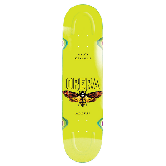 Skateboard deck with 'Opera' branding on a white background