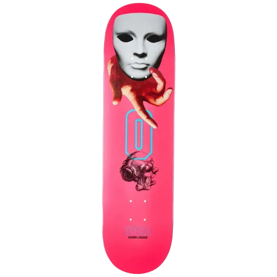Skateboard deck with a pink background and graphic design featuring a mask and abstract elements.