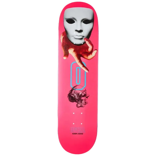 Skateboard deck with a pink background and graphic design featuring a mask and abstract elements.