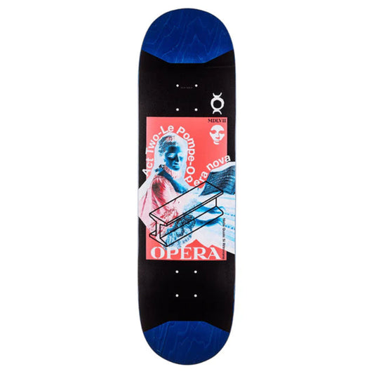 Skateboard deck with a colorful design and 'Opera' branding on a white background