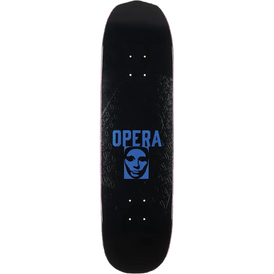Black skateboard deck with 'Opera' logo on a white background