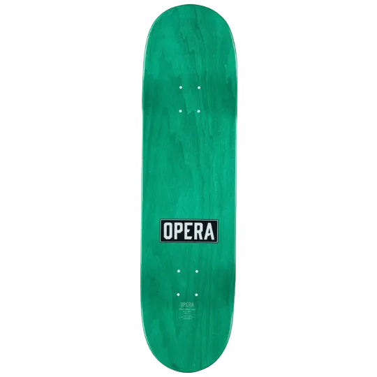 Green skateboard deck with 'Opera' logo on a white background