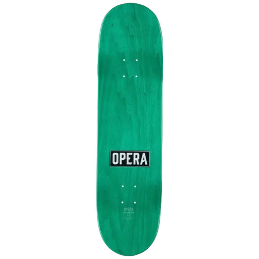 Green skateboard deck with 'Opera' logo on a white background
