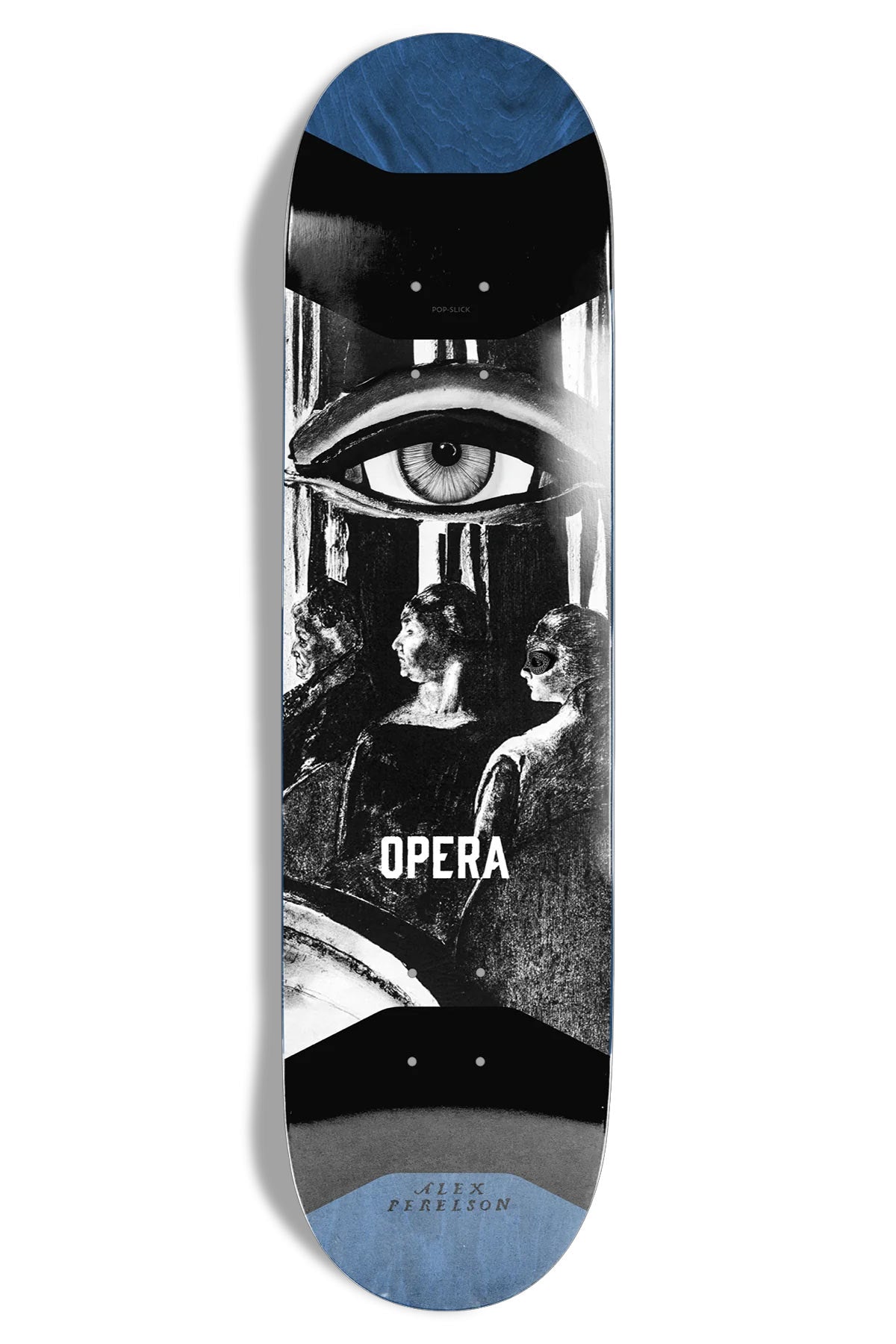 Skateboard deck with artistic design and 'Opera' branding on a white background