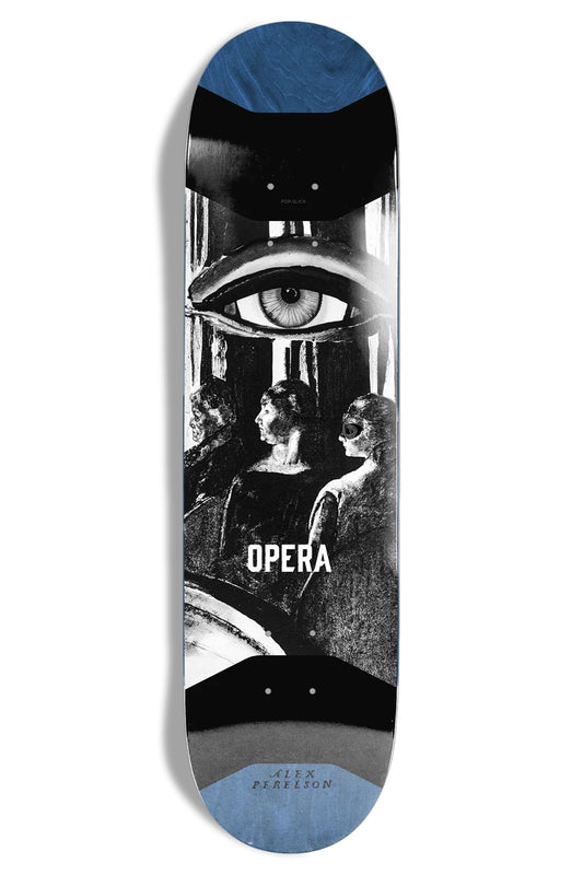 Skateboard deck with artistic design and 'Opera' branding on a white background