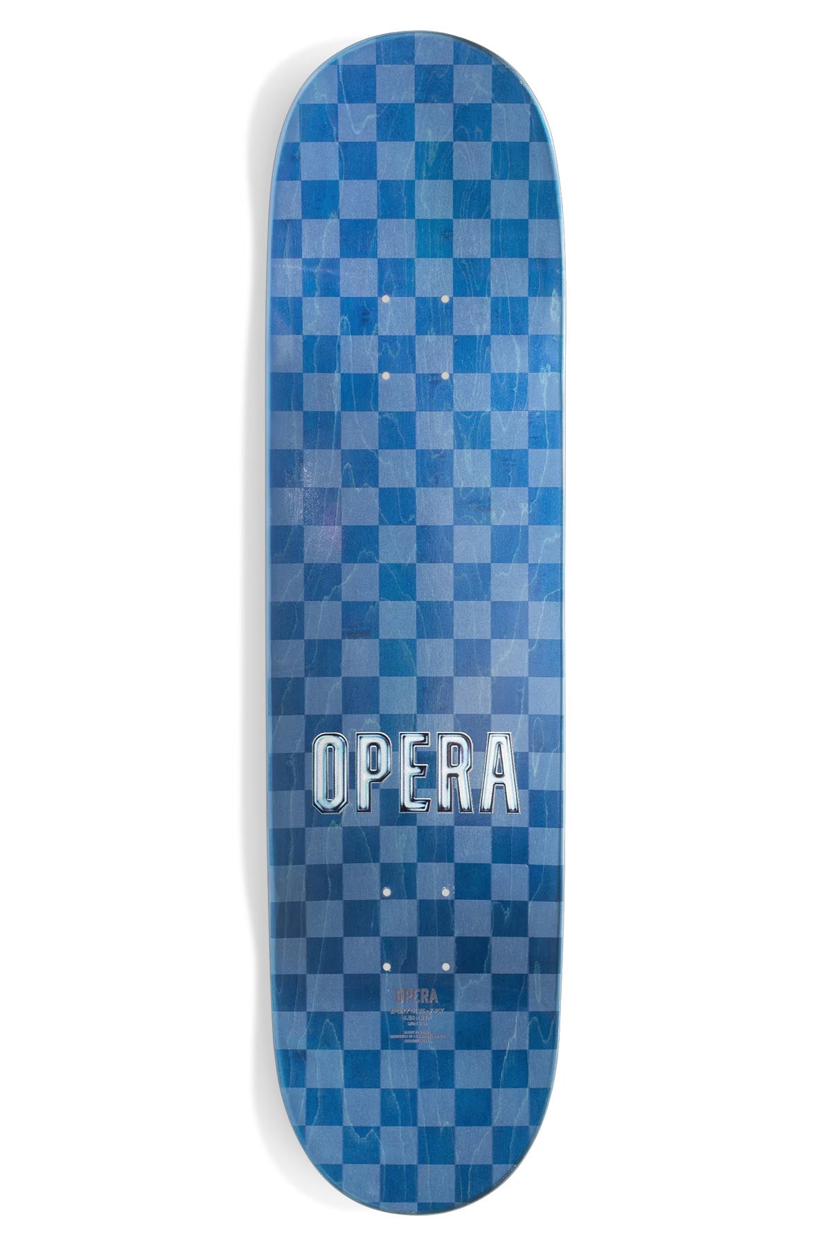 Blue checkered skateboard deck with 'Opera' branding on a white background