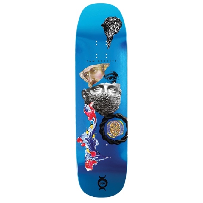 Skateboard deck with artistic design on a white background