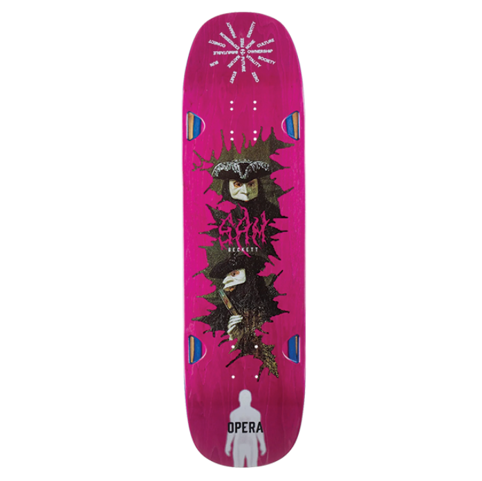 Pink skateboard deck with black and white graphics on a white background