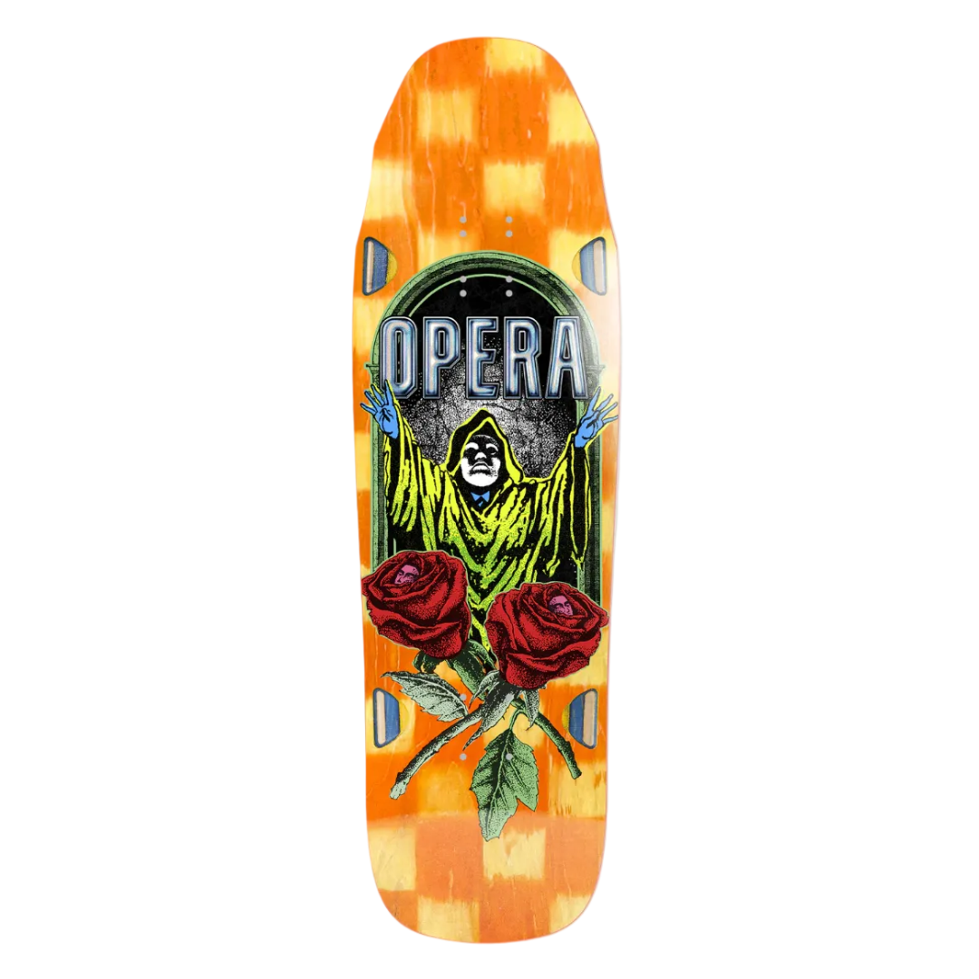 Skateboard deck with 'Opera' branding and a design of a figure with roses on a white background